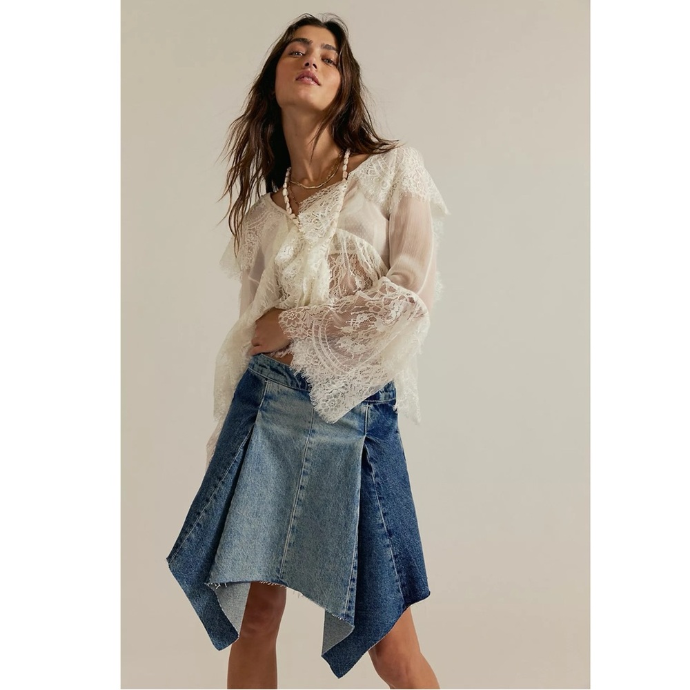 Free People Bohemian Retro 70s Festival Wild River Handkerchief Denim Skirt 28 - Picture 7 of 12
